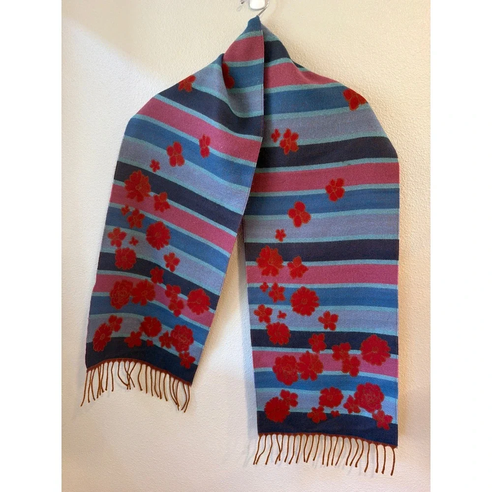 Scarf OS Floral Striped Reversible Woven Fringe Multicolor Fall Winter Cozy